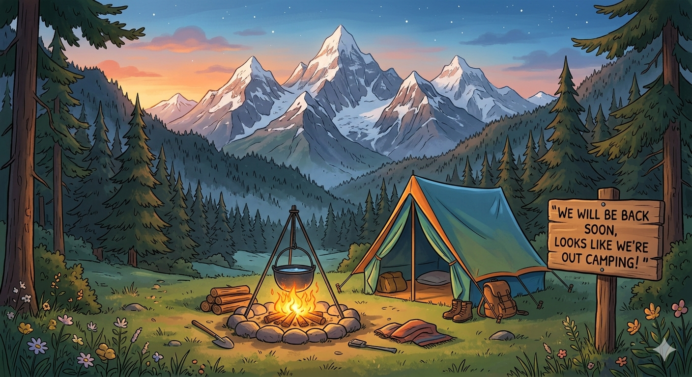 A mountain campsite illustration with a sign that says we will be back soon.